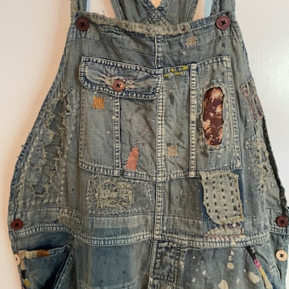 Magnolia Pearl Light Blue Patchwork Embroidered Denim Overalls Benjamins - Picture 3 of 16